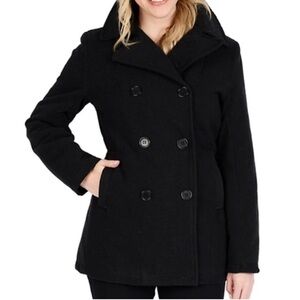 Wool Blend Double Breasted Peacoat Coat Warm Stylish Black Small